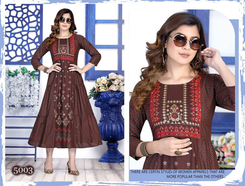 Golden Occasions Vol 1 Rayon Long Printed Party Wear Gown Style Kurtis