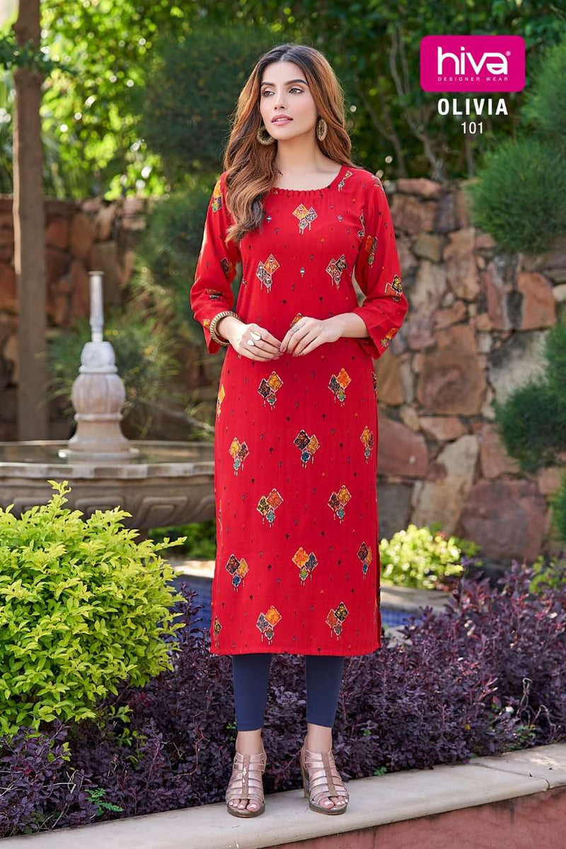 Hiva Designer Olivia Rayon Print Stylish Party Wear Kurtis