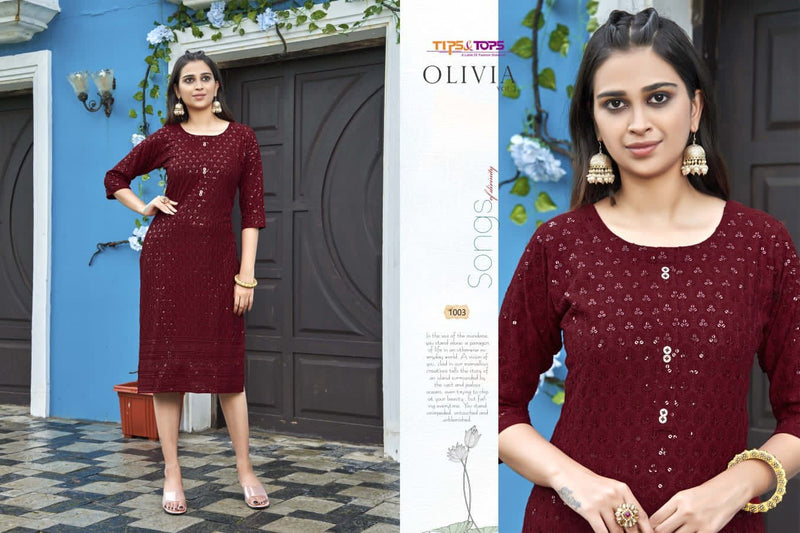 Tips & Tops Olivia Vol 3 Rayon With Luckhnowi Chikan Work Stylish Designer Party Wear Kurti