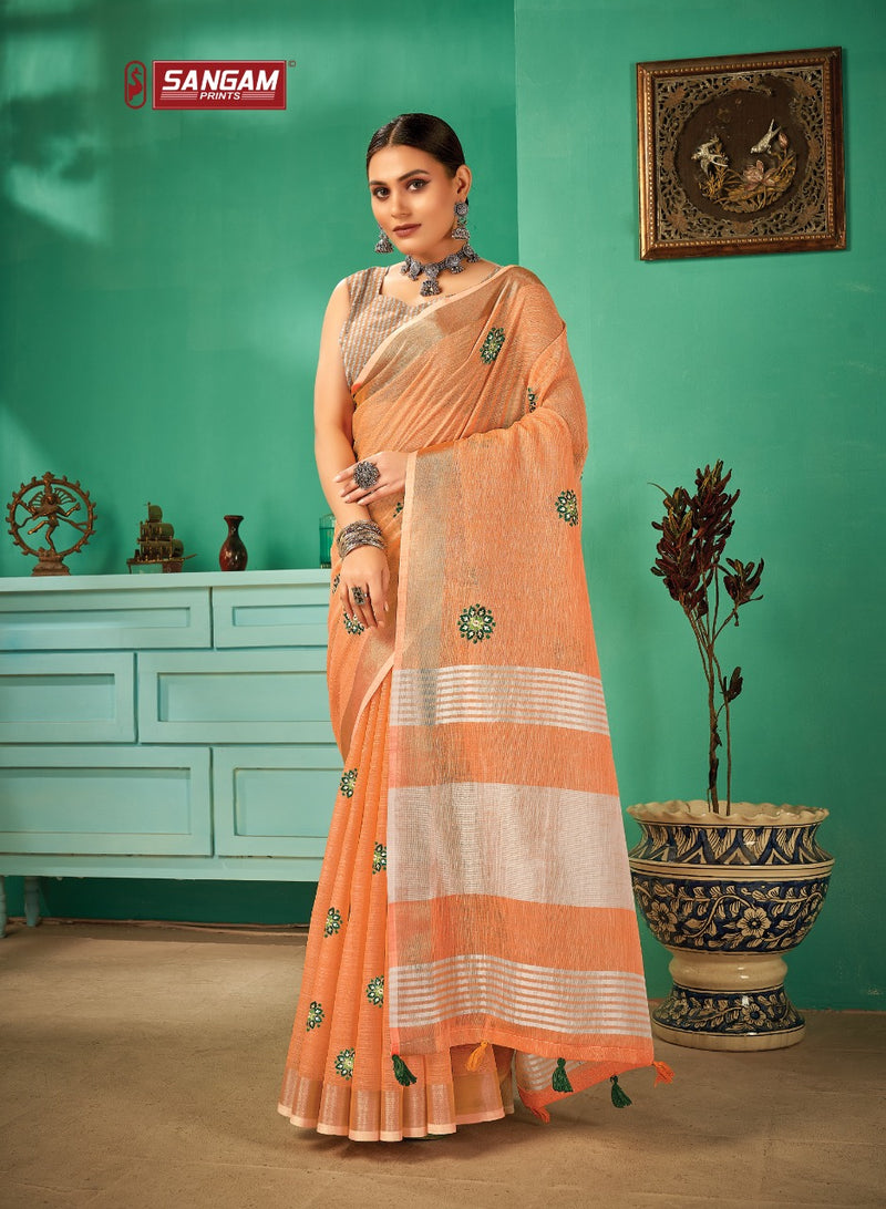 Sangam Print Paro Linen Elegant Stylish Party Wear Beautiful Collection Of Sarees