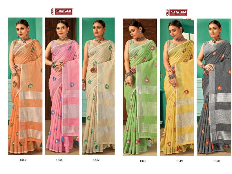 Sangam Print Paro Linen Elegant Stylish Party Wear Beautiful Collection Of Sarees