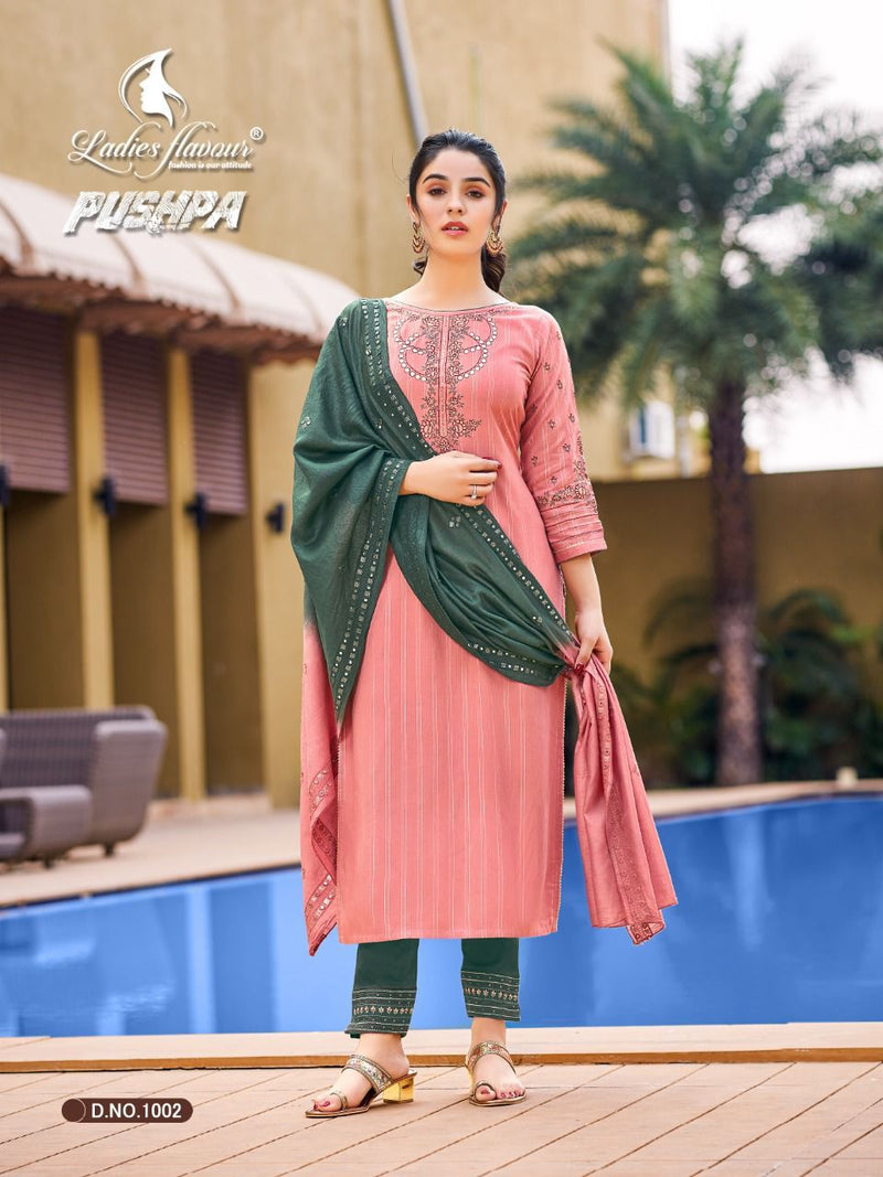 Ladies Flavour Pushpa Rayon Viscose Party Wear Stylish Fancy Kurtis With Set Of Bottom & Dupatta