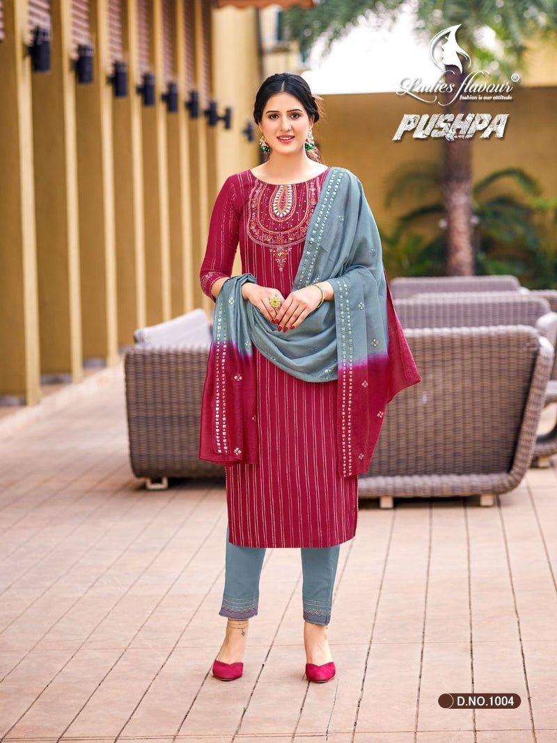 Ladies Flavour Pushpa Rayon Viscose Party Wear Stylish Fancy Kurtis With Set Of Bottom & Dupatta