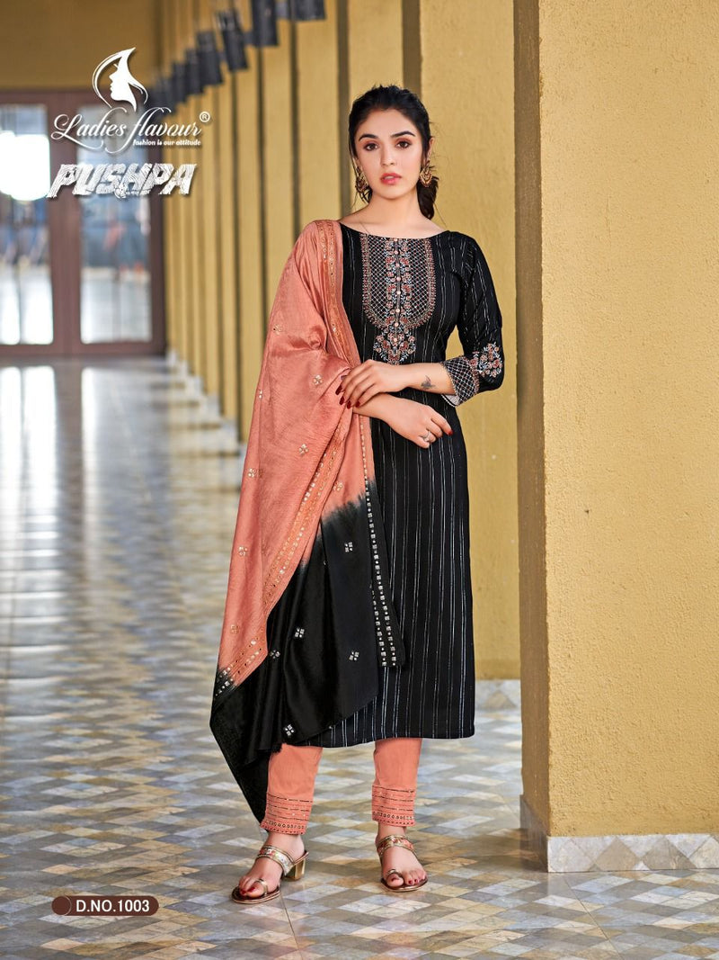 Ladies Flavour Pushpa Rayon Viscose Party Wear Stylish Fancy Kurtis With Set Of Bottom & Dupatta