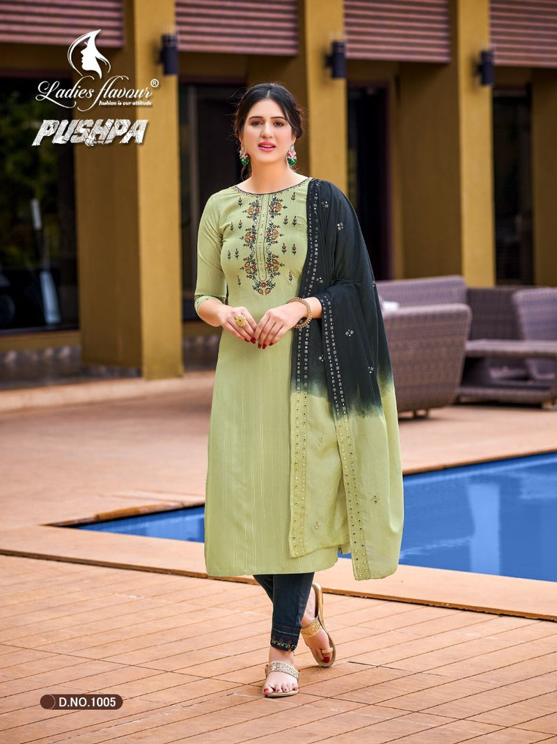 Ladies Flavour Pushpa Rayon Viscose Party Wear Stylish Fancy Kurtis With Set Of Bottom & Dupatta