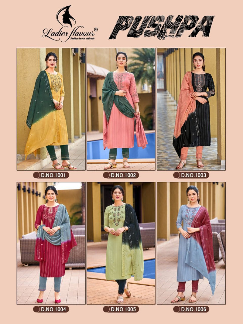 Ladies Flavour Pushpa Rayon Viscose Party Wear Stylish Fancy Kurtis With Set Of Bottom & Dupatta