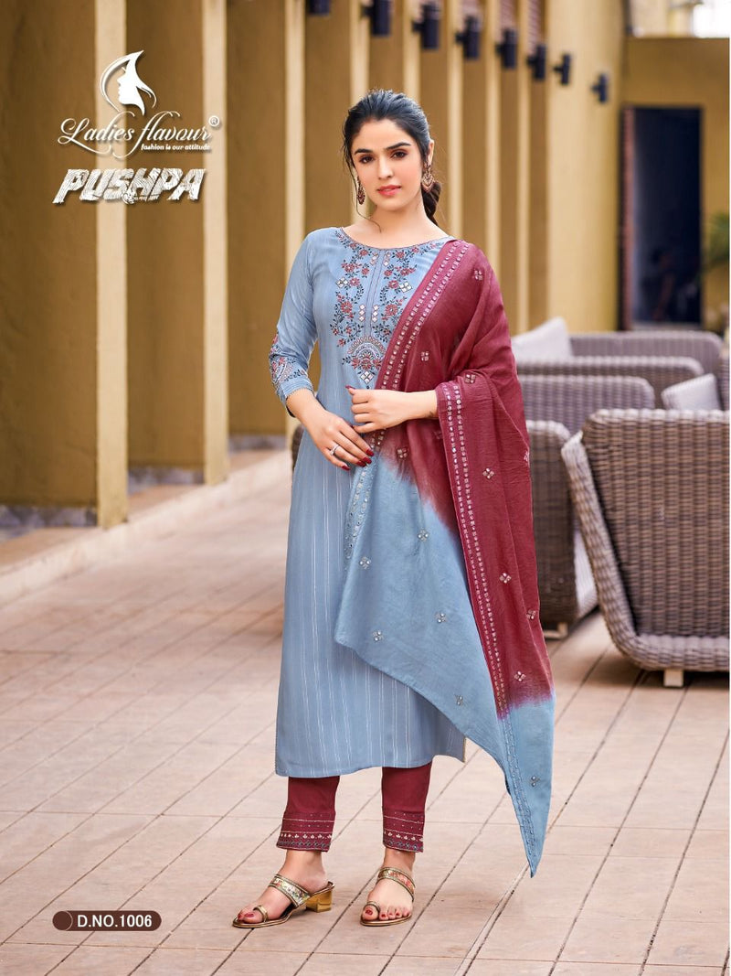 Ladies Flavour Pushpa Rayon Viscose Party Wear Stylish Fancy Kurtis With Set Of Bottom & Dupatta