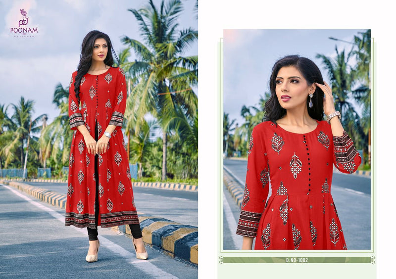 Poonam Designer Akshara Rayon Foil  Print With Center Cut kurti