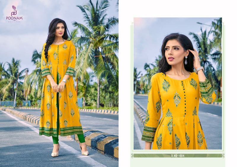 Poonam Designer Akshara Rayon Foil  Print With Center Cut kurti