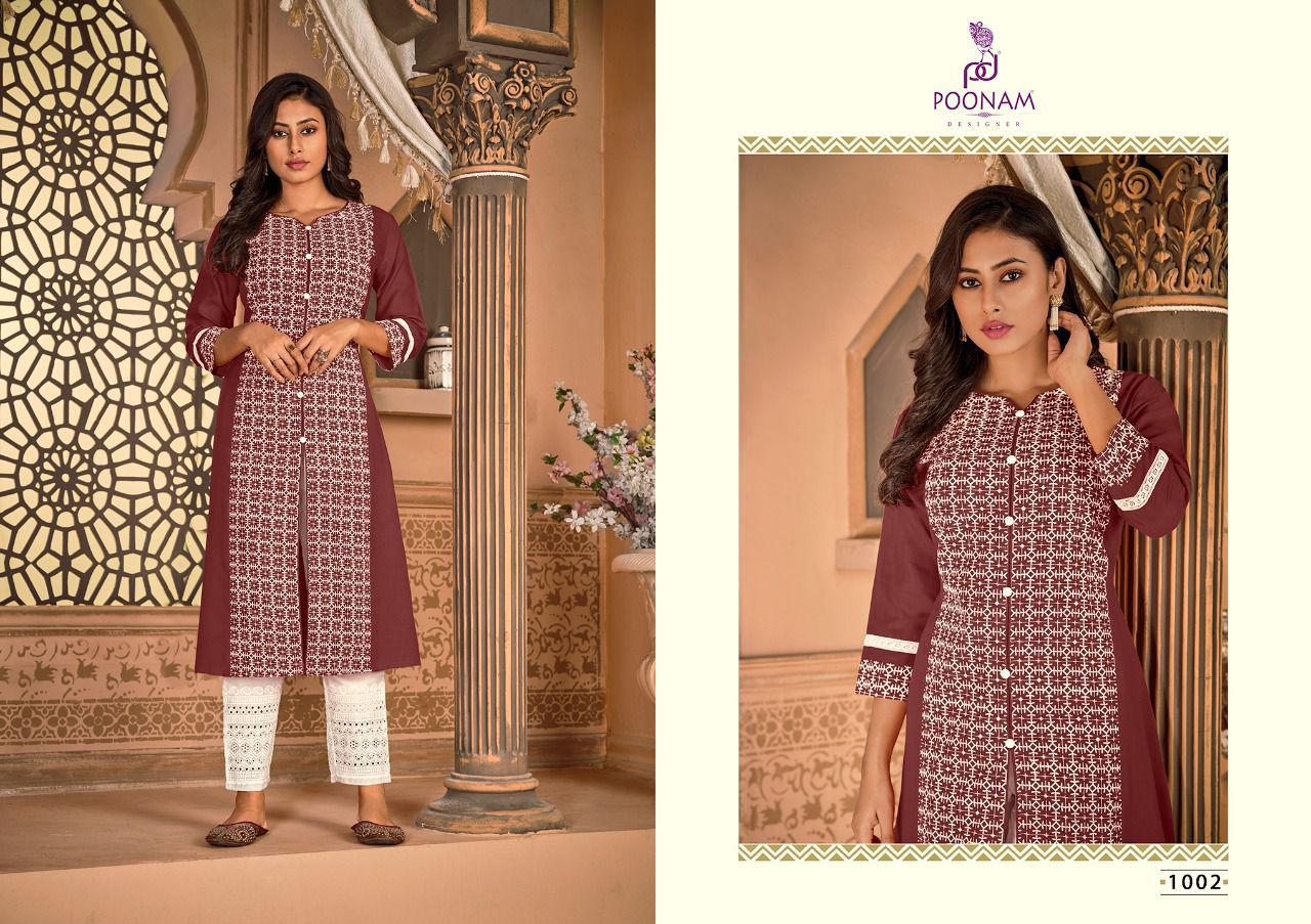 Poonam Designer Kira Cotton Chikan Work Fancy Kurti