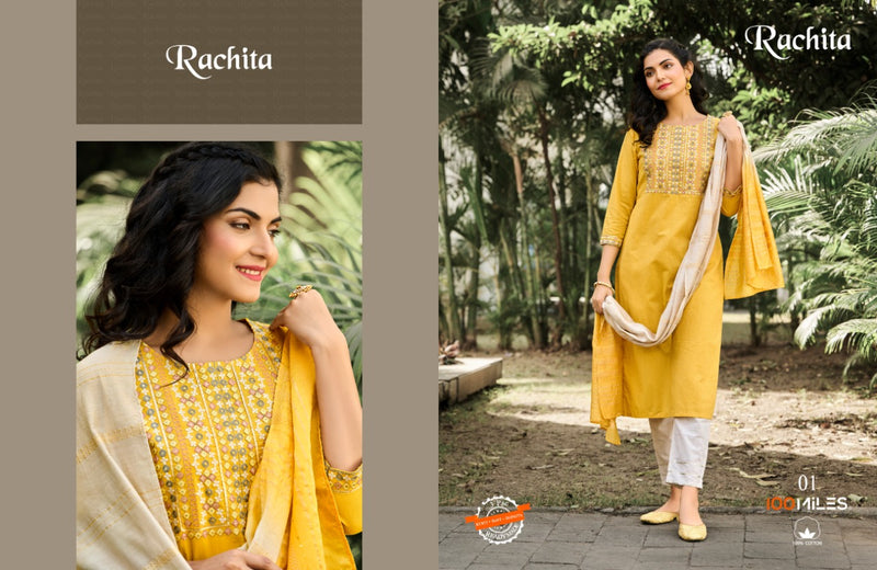 100 Miles Rachita Cotton Embroidery Fancy Festive Wear Kurtis With Bottom & Dupatta