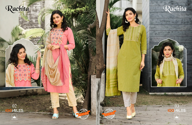 100 Miles Rachita Cotton Embroidery Fancy Festive Wear Kurtis With Bottom & Dupatta