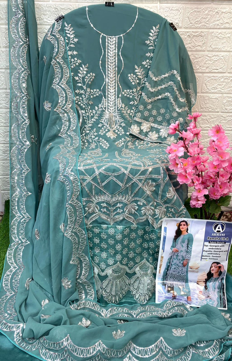 Armani Ramsha Vol 19 A Georgette With Beautiful Heavy Embroidery Work Stylish Designer Party Wear Pakistani Salwar Kameez