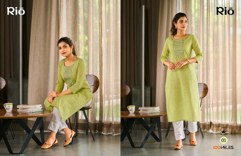 100 Miles Rio Pure Cotton With Heavy Embroidery Work Fancy Wear Stylish Designer Kurti