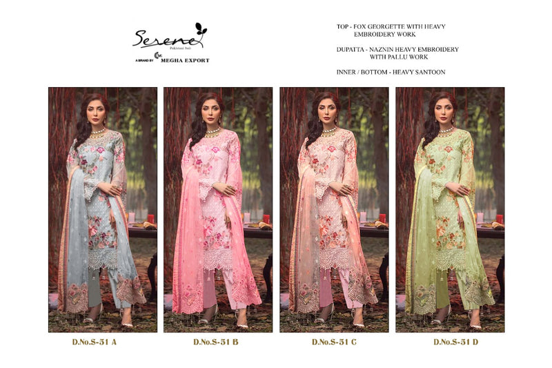 Serene S 51 Fox Georgette Designer Pakistani Style Party Wear Embroidered Semi Stitched Salwar Suits