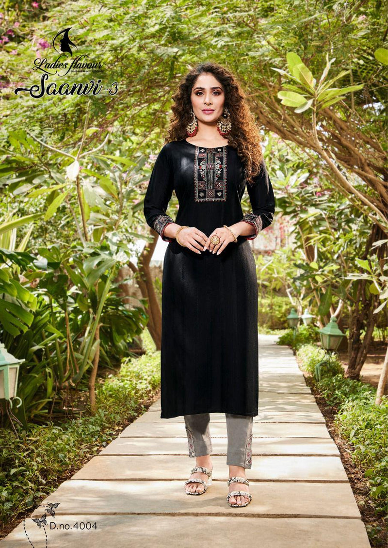 Ladies Flavour Saanvi Vol 3 Rayon Fancy Party Wear Embroidered  Kurtis With Bottom