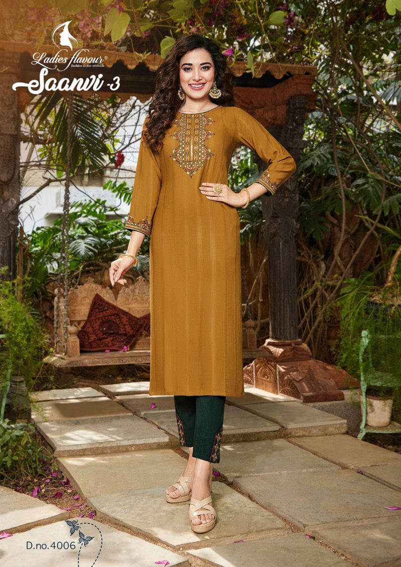 Ladies Flavour Saanvi Vol 3 Rayon Fancy Party Wear Embroidered  Kurtis With Bottom