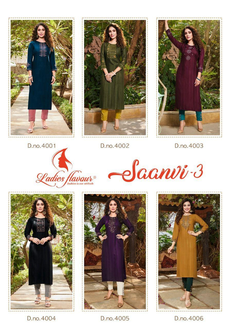 Ladies Flavour Saanvi Vol 3 Rayon Fancy Party Wear Embroidered  Kurtis With Bottom