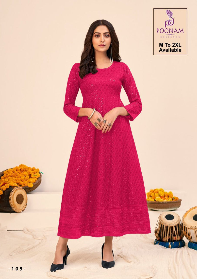 Poonam Designer Saavan Rayon Gown Style Long Party Wear Kurtis With Chicken Work