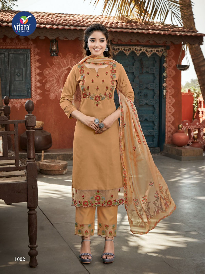 Vitara Fashion Saffron Embroidery Fancy Designer Partywear Kurti