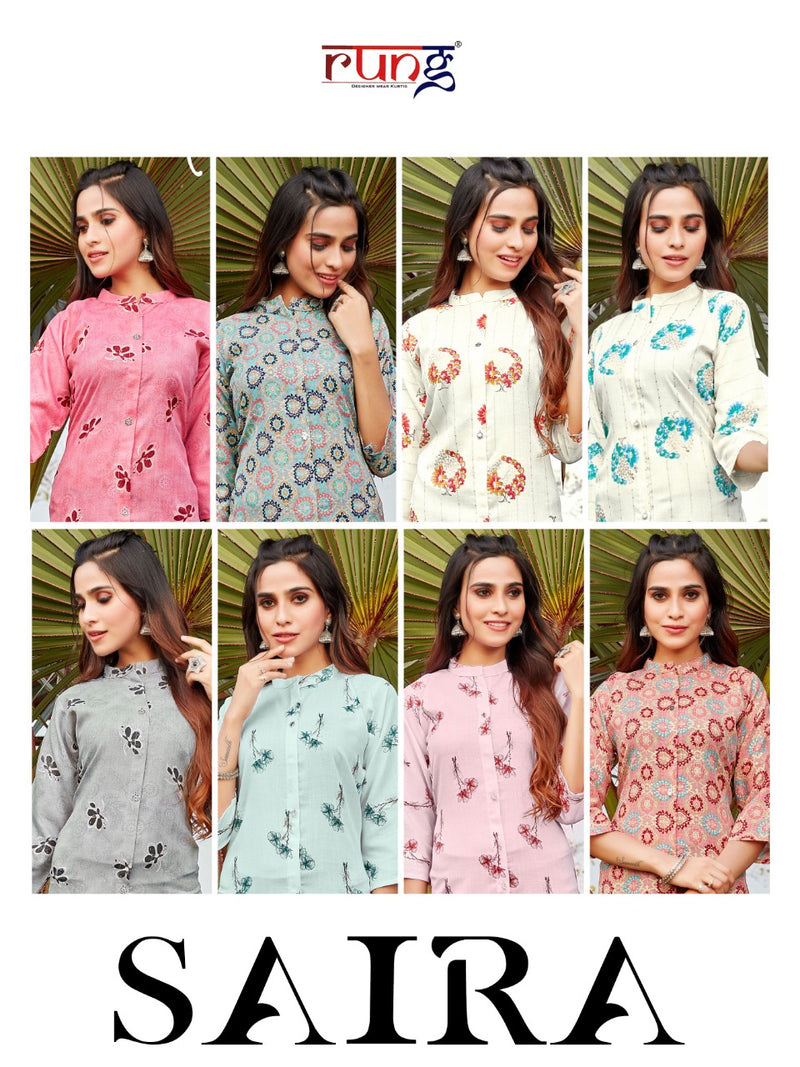 Rung Saira Rayon Foil Print Fancy Party Wear Kurtis