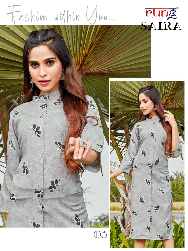 Rung Saira Rayon Foil Print Fancy Party Wear Kurtis