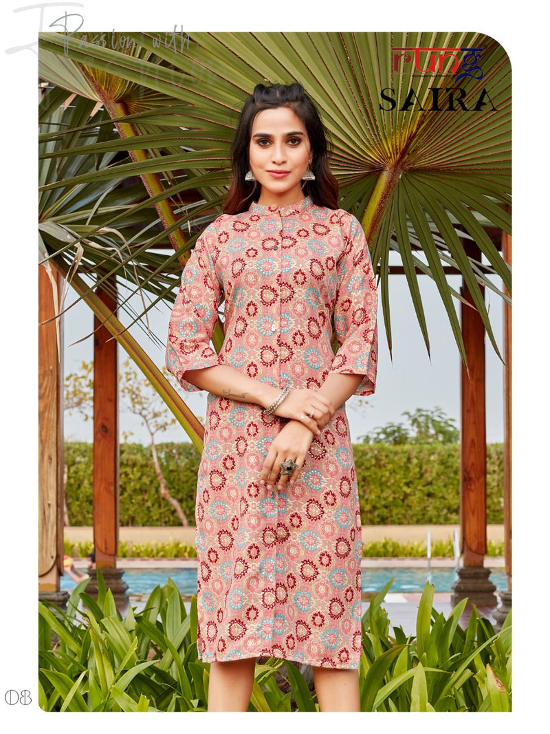 Rung Saira Rayon Foil Print Fancy Party Wear Kurtis