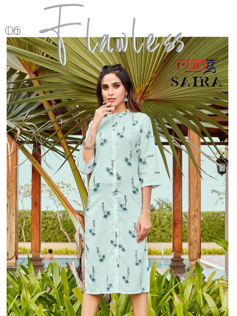 Rung Saira Rayon Foil Print Fancy Party Wear Kurtis