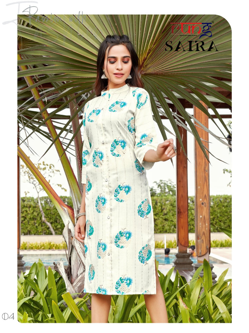 Rung Saira Rayon Foil Print Fancy Party Wear Kurtis