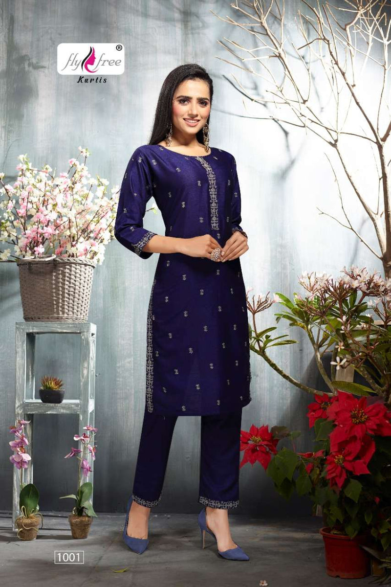 Fly Free Saloni Rayon Fancy Stylish Festive Wear Embroidered  Kurtis With Bottom