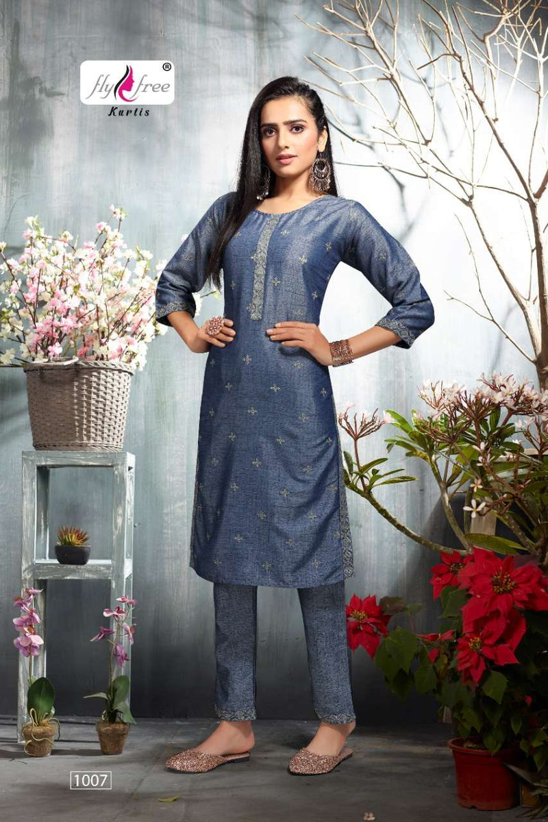 Fly Free Saloni Rayon Fancy Stylish Festive Wear Embroidered  Kurtis With Bottom