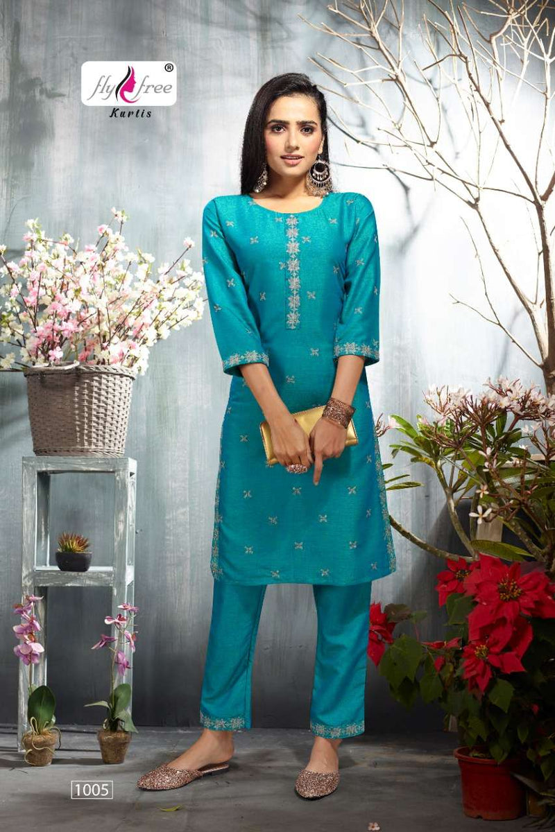 Fly Free Saloni Rayon Fancy Stylish Festive Wear Embroidered  Kurtis With Bottom