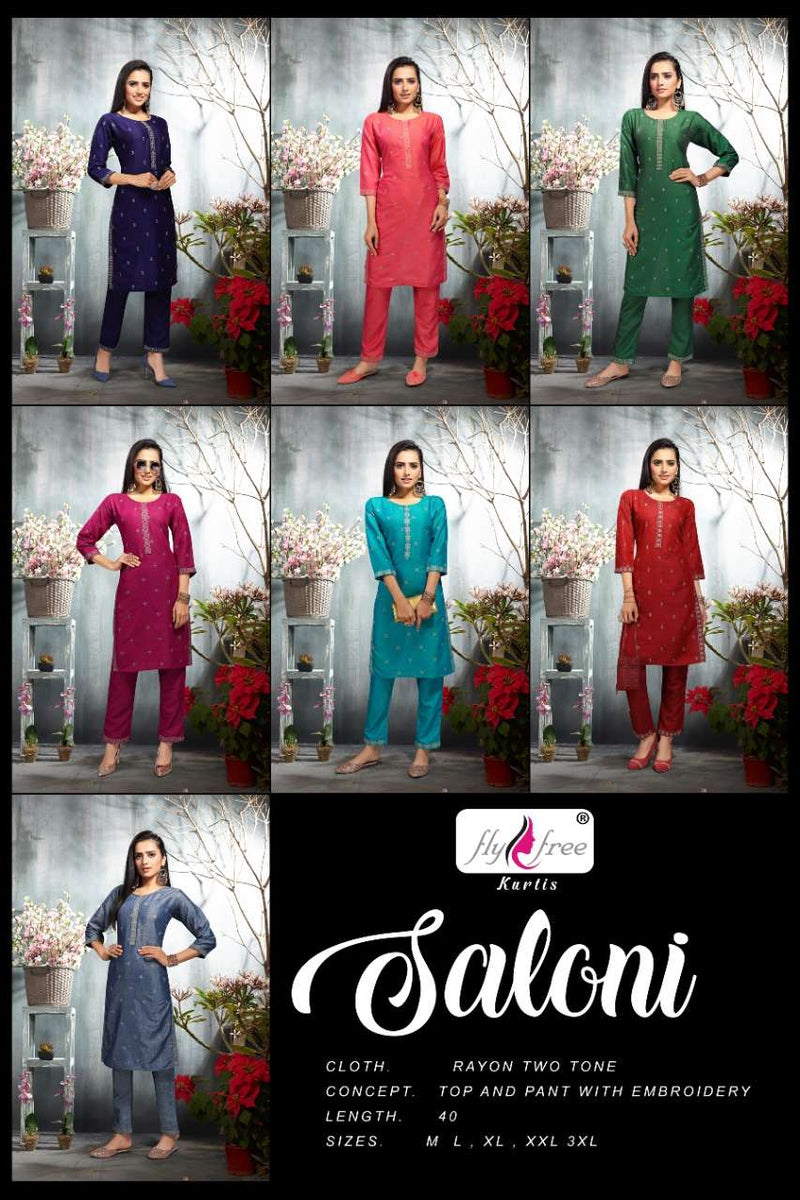 Fly Free Saloni Rayon Fancy Stylish Festive Wear Embroidered  Kurtis With Bottom