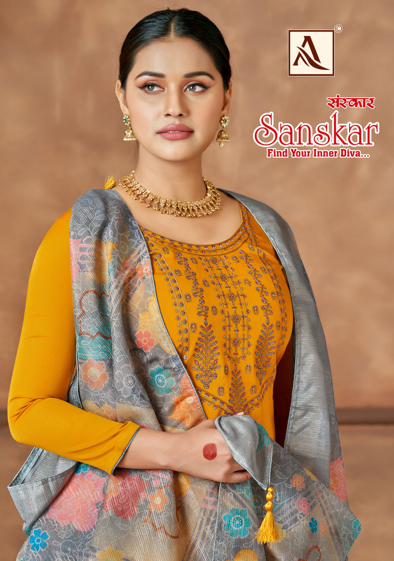 Alok Suits Sanskar Pure Jam Cotton Dyed Fancy Embroidery Swarovski Diamond Work Fancy Partywear Designer Salwar Suit