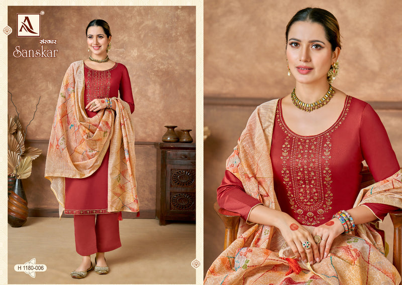 Alok Suits Sanskar Pure Jam Cotton Dyed Fancy Embroidery Swarovski Diamond Work Fancy Partywear Designer Salwar Suit