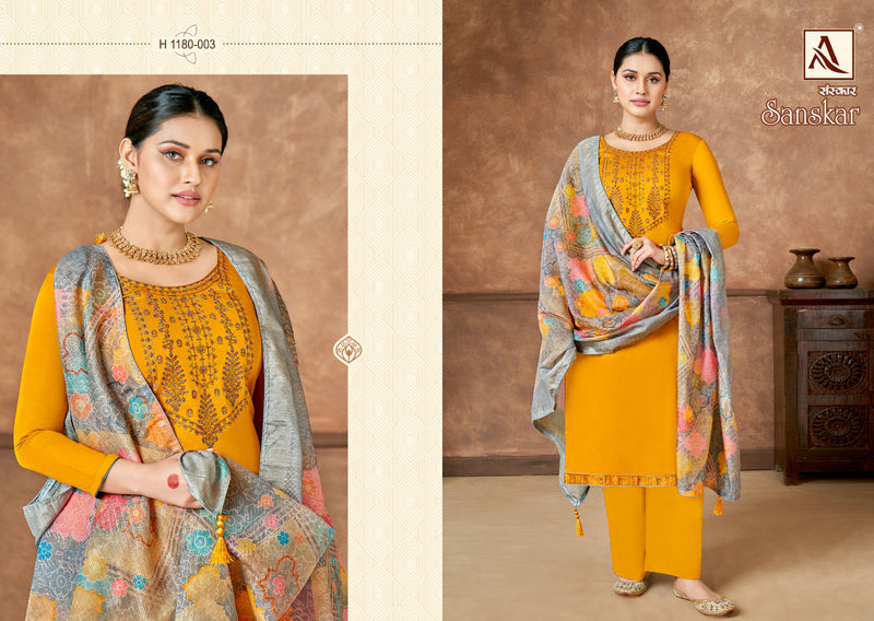 Alok Suits Sanskar Pure Jam Cotton Dyed Fancy Embroidery Swarovski Diamond Work Fancy Partywear Designer Salwar Suit