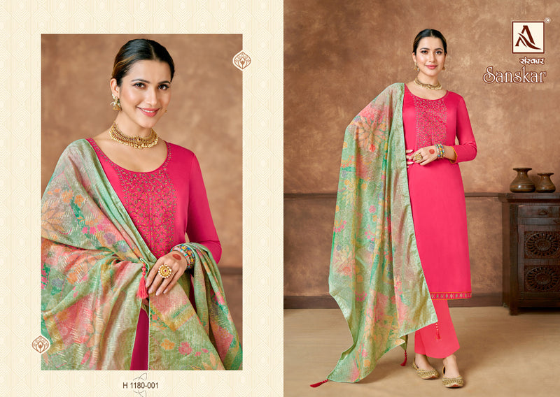 Alok Suits Sanskar Pure Jam Cotton Dyed Fancy Embroidery Swarovski Diamond Work Fancy Partywear Designer Salwar Suit