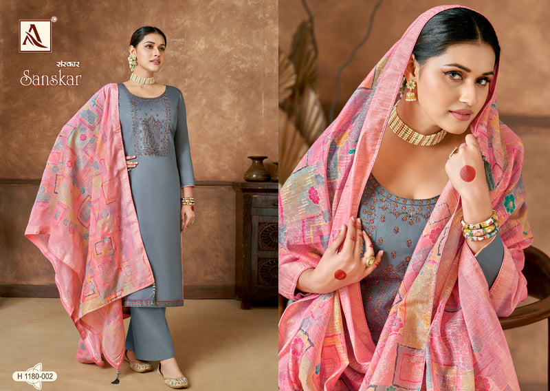 Alok Suits Sanskar Pure Jam Cotton Dyed Fancy Embroidery Swarovski Diamond Work Fancy Partywear Designer Salwar Suit