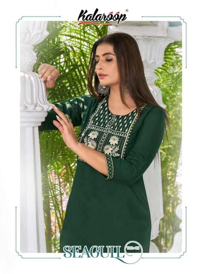 Kalaroop Kajree Fashion Seagull Vol 4 Rayon Sequence Cotton Embroidery Work Fancy Designer Kurti