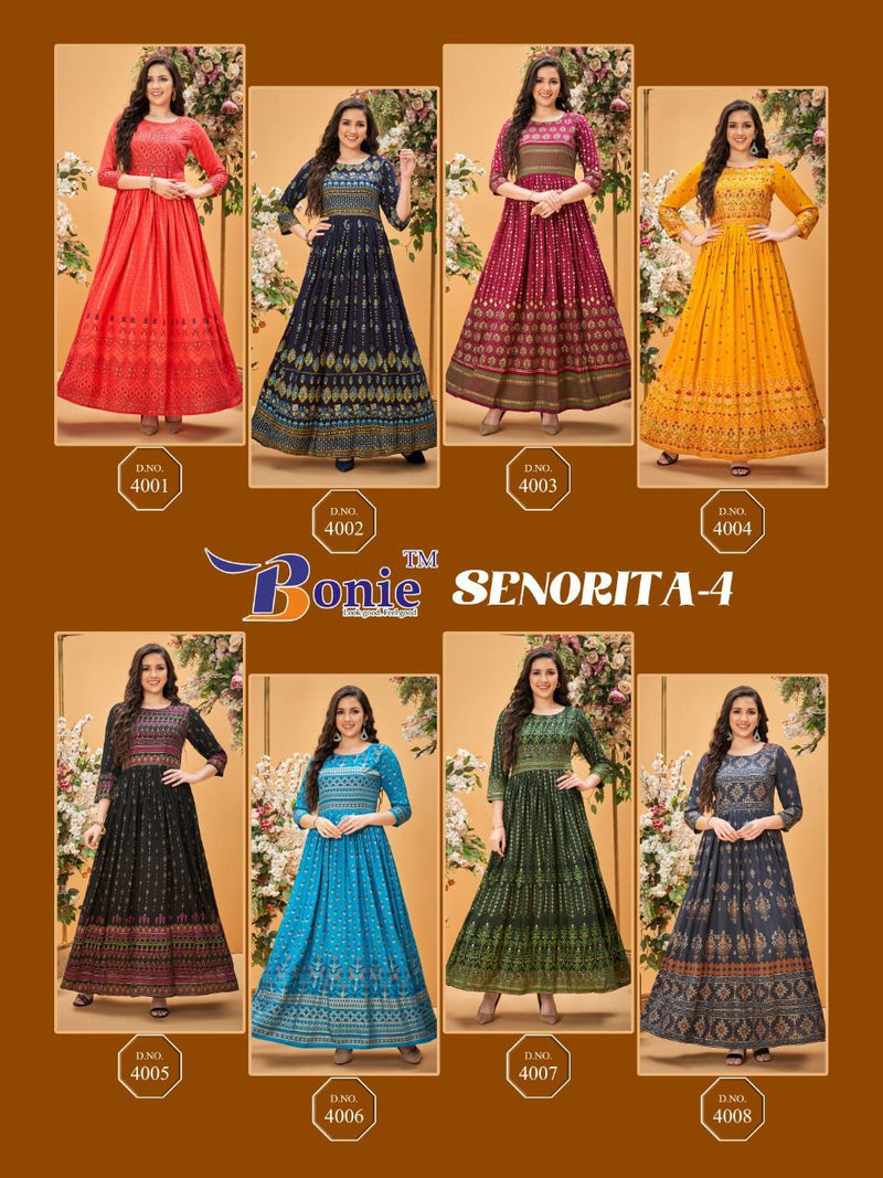 Bonie Senorita Dno 4001 To 4008 Rayon With Heavy Embroidery Party Wear Stylish Designer kurti