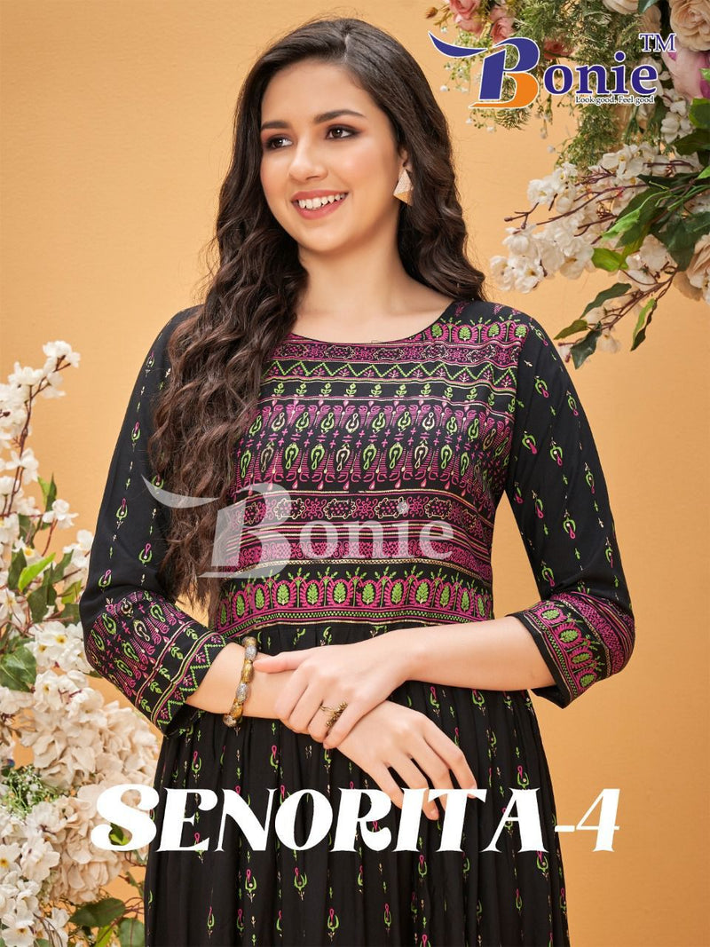 Bonie Senorita Dno 4001 To 4008 Rayon With Heavy Embroidery Party Wear Stylish Designer kurti