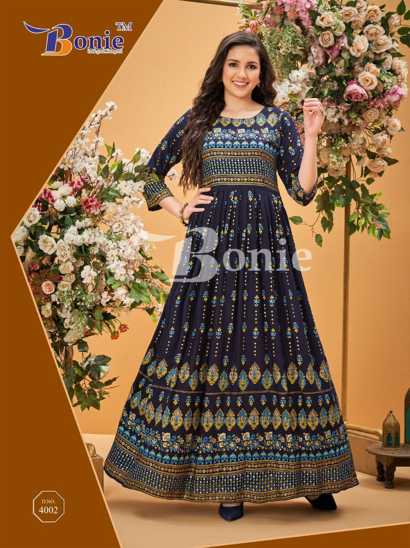 Bonie Senorita Dno 4001 To 4008 Rayon With Heavy Embroidery Party Wear Stylish Designer kurti