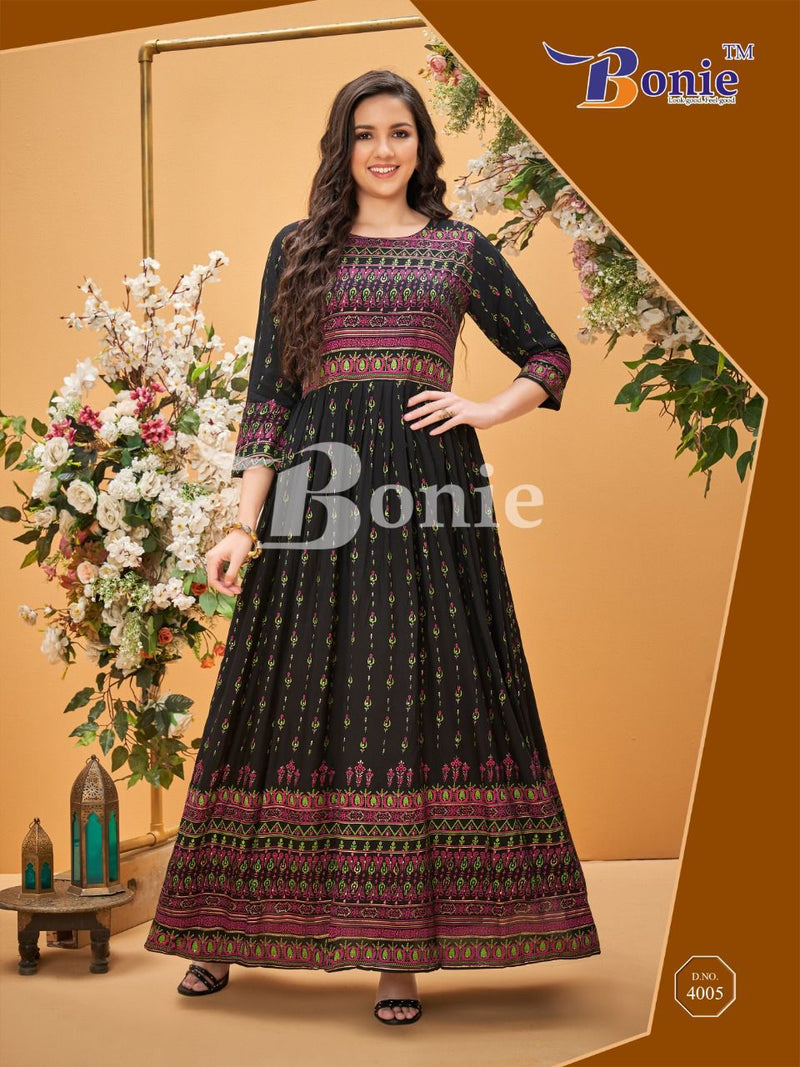 Bonie Senorita Dno 4001 To 4008 Rayon With Heavy Embroidery Party Wear Stylish Designer kurti