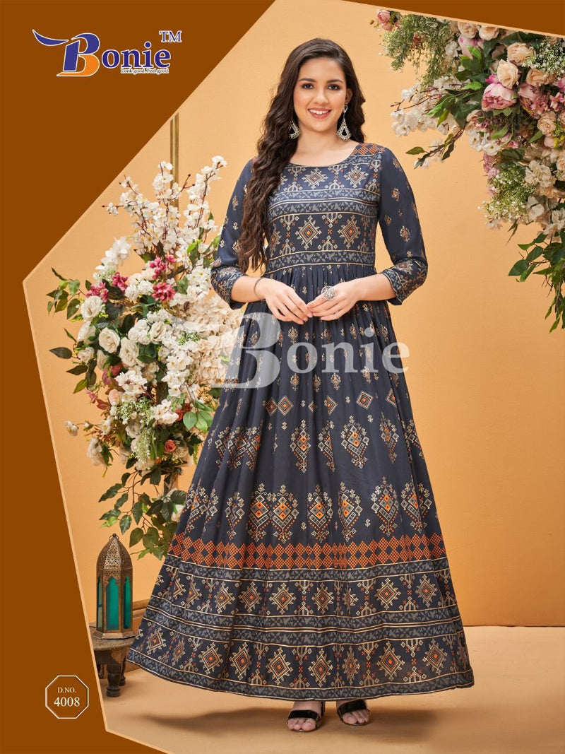 Bonie Senorita Dno 4001 To 4008 Rayon With Heavy Embroidery Party Wear Stylish Designer kurti