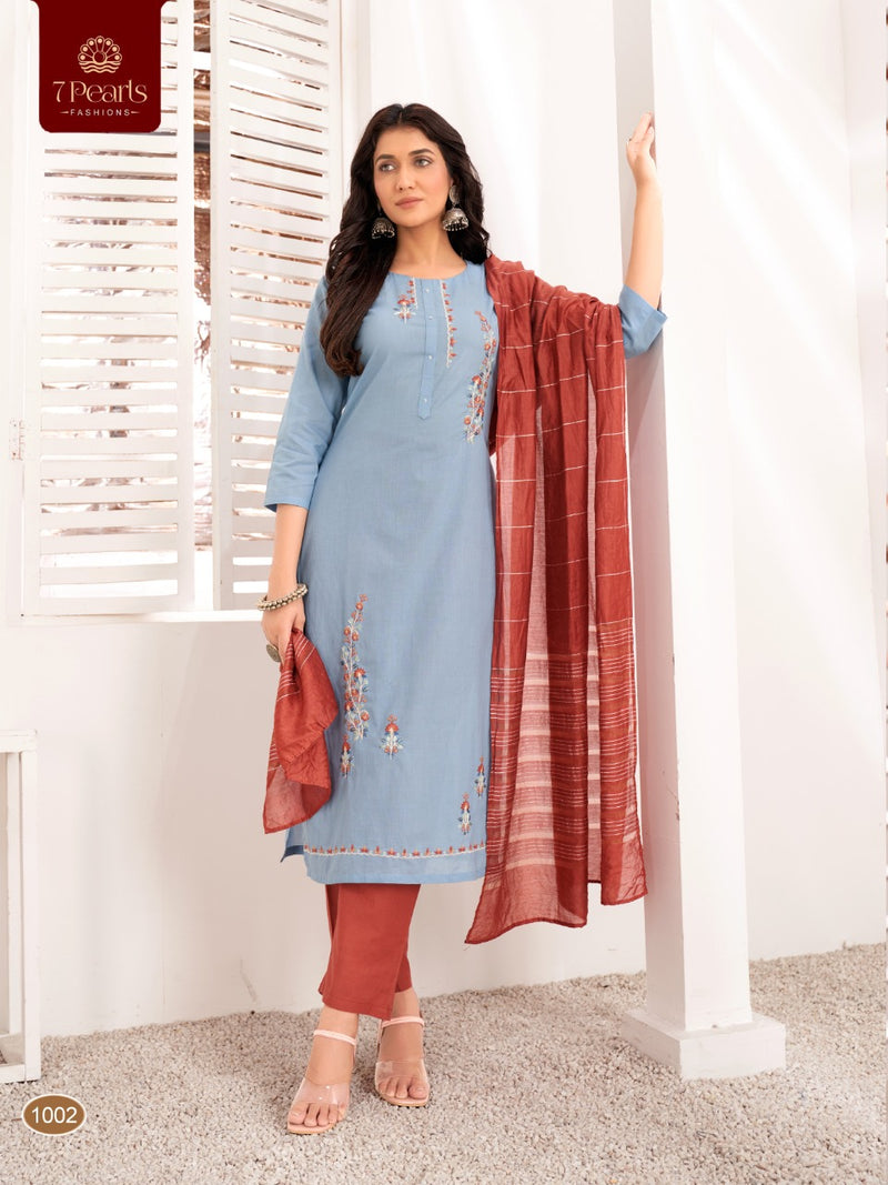 7 Pearls Spring Cotton Designer Embroidered Party Wear Kurtis With Bottom & Dupatta