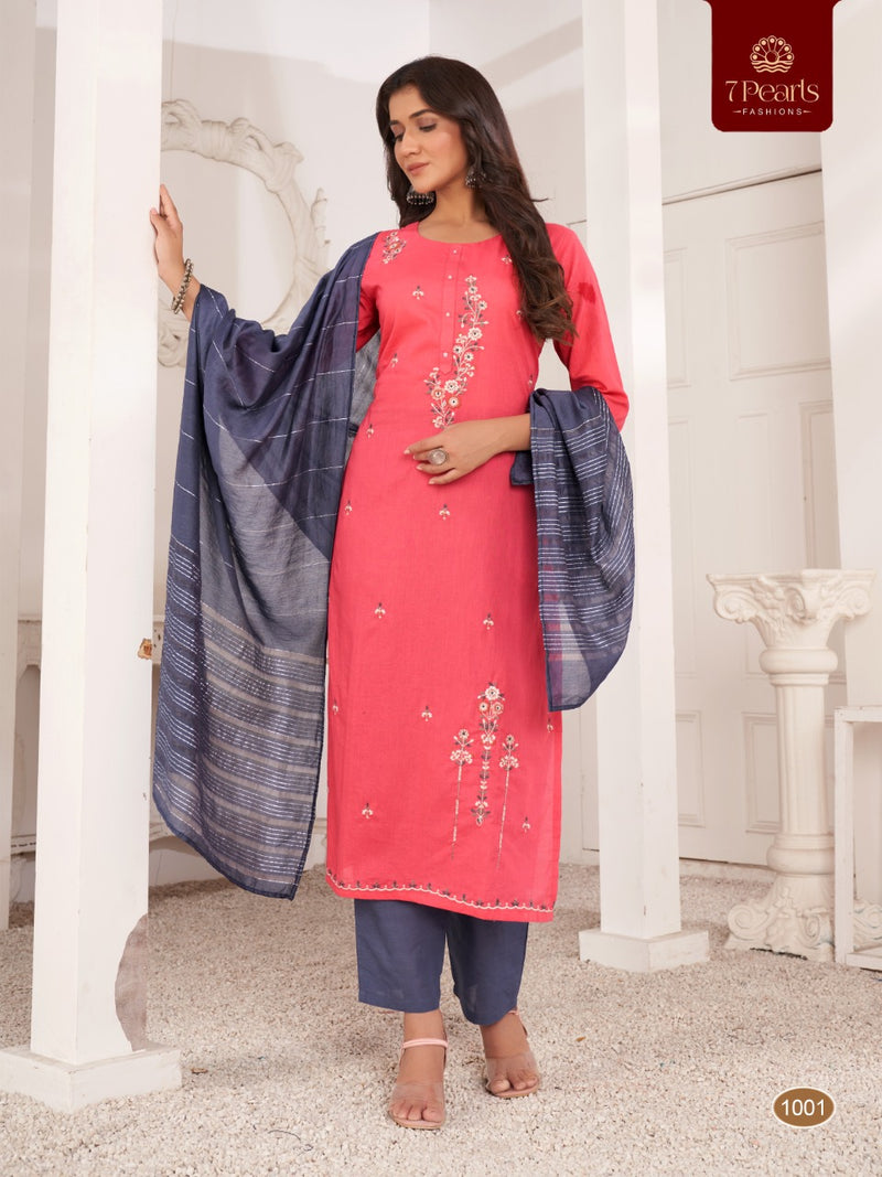 7 Pearls Spring Cotton Designer Embroidered Party Wear Kurtis With Bottom & Dupatta