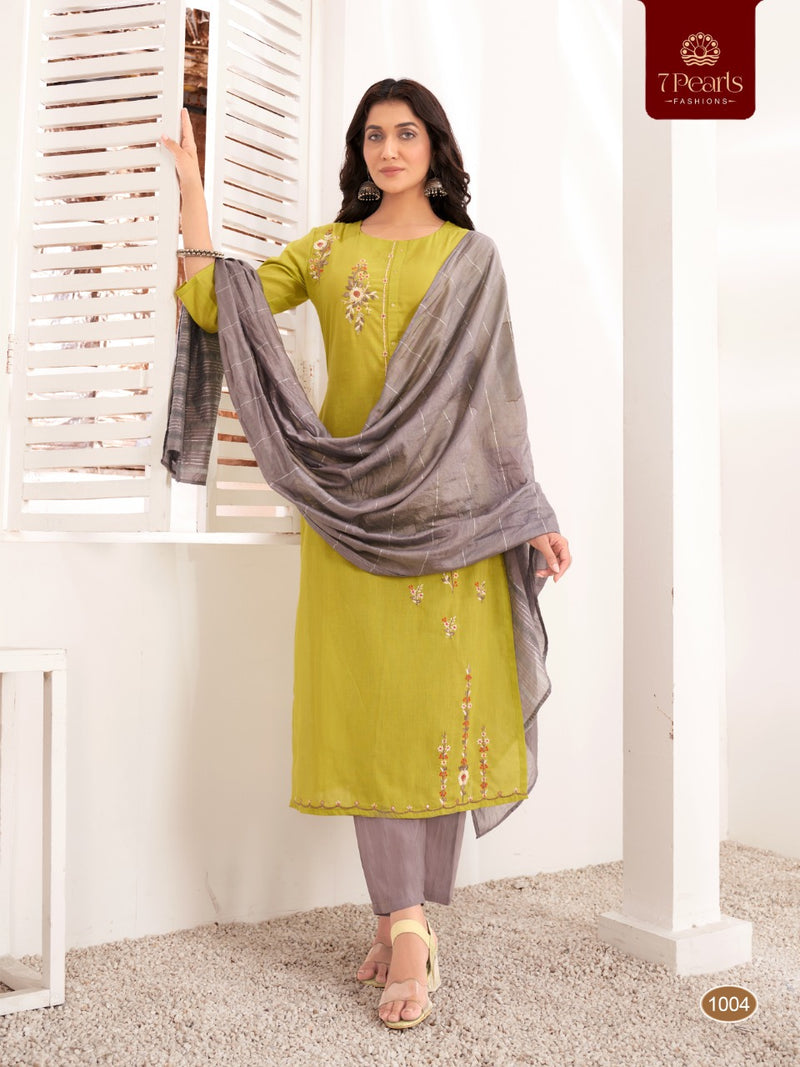 7 Pearls Spring Cotton Designer Embroidered Party Wear Kurtis With Bottom & Dupatta