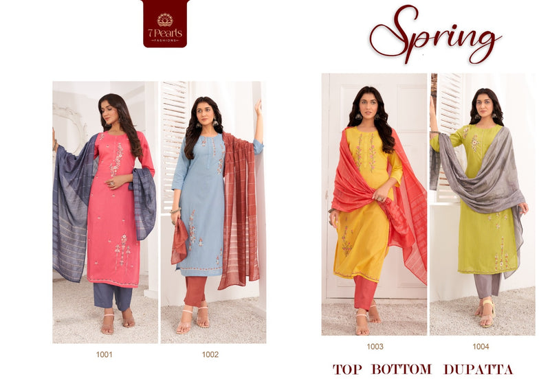 7 Pearls Spring Cotton Designer Embroidered Party Wear Kurtis With Bottom & Dupatta