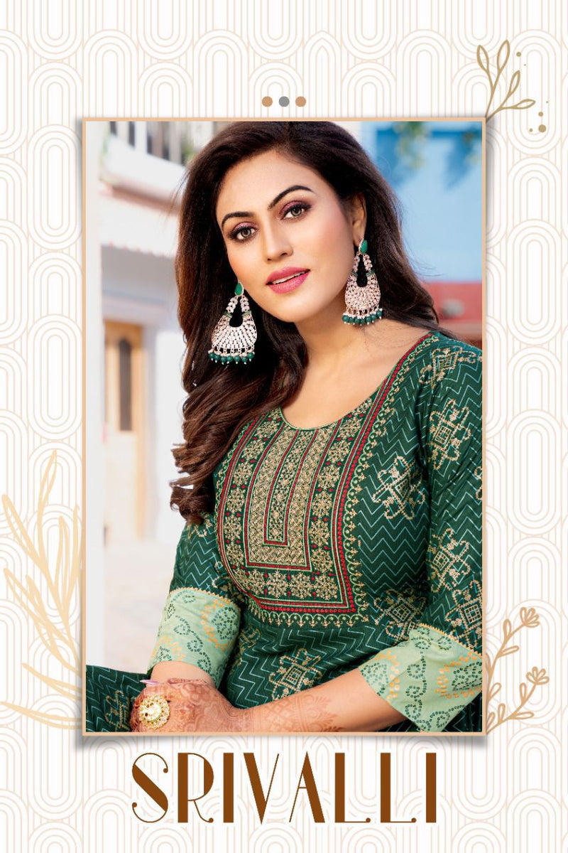 Akhand Jyot Srivalli Rayon With Fancy Gold Print Designer Long Gown Style Party Wear Kurtis