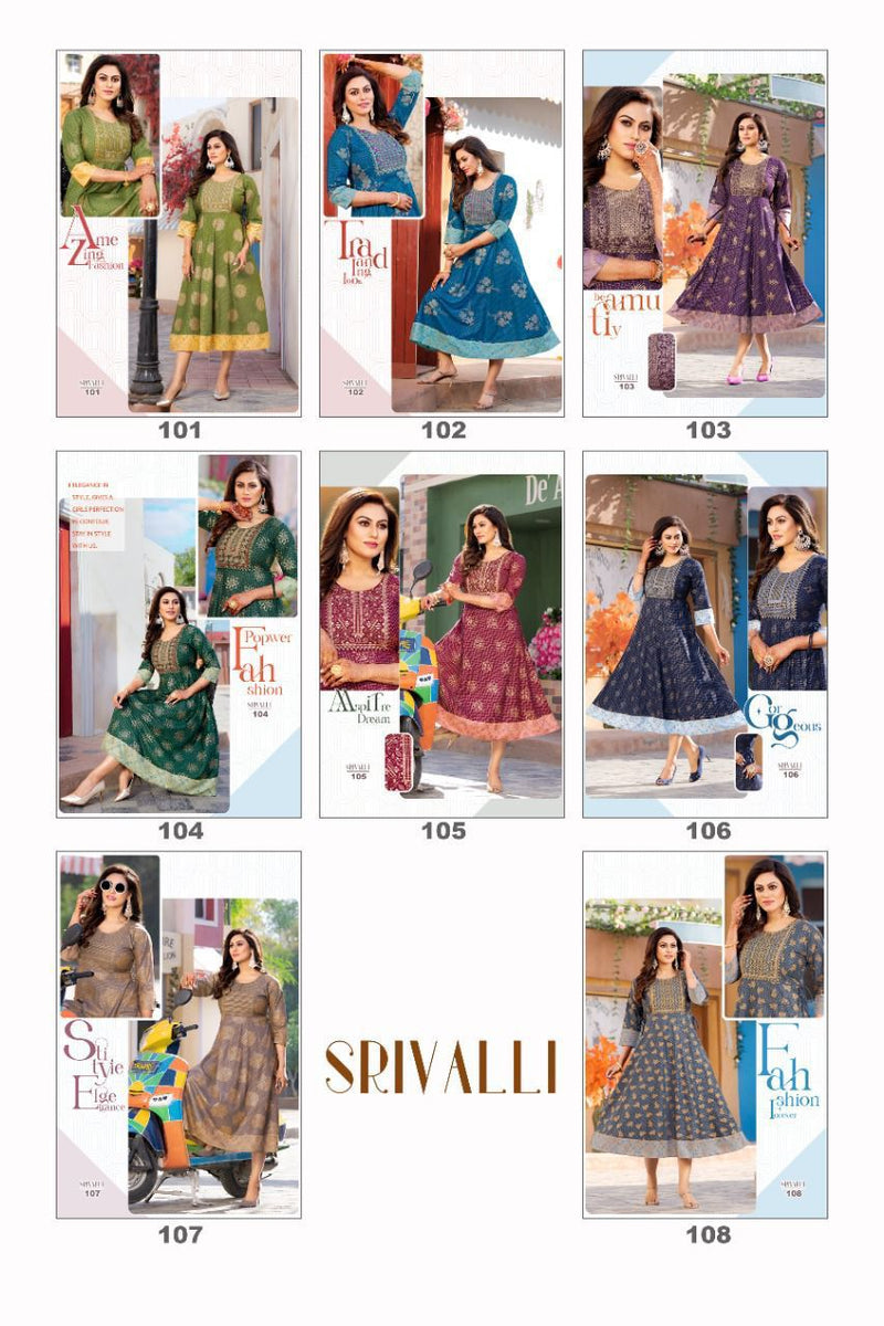 Akhand Jyot Srivalli Rayon With Fancy Gold Print Designer Long Gown Style Party Wear Kurtis